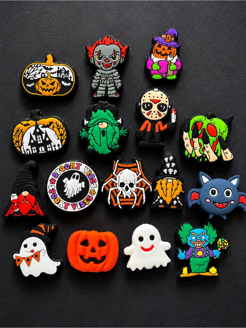 Halloween PVC Craft Beads Charms 16pc Pumpkin Ghost Witch Skeleton Spooky